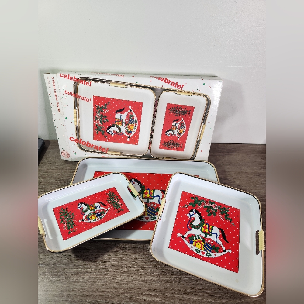 Vintage Christmas 3 pc Set Lacquer Tray Set Rocking Horse